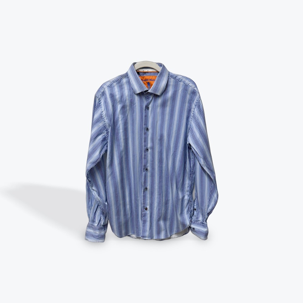 Luchiano Visconti Black Mens Large Blue White Micro Dot Button Down Shirt L